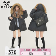 keiko学院风黑色大毛领，连帽派克棉服，女冬季美式工装宽松保暖外套