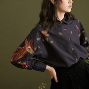 咖沫原创 设计21艺术优雅小鹿印花复古长袖廓形衬衫女秋冬季
