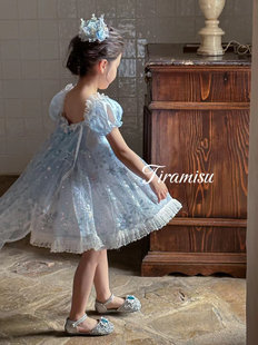 Tiramisu缇娜米苏中大童艾莎公主蓝色宝石爱心带披纱连衣裙礼服
