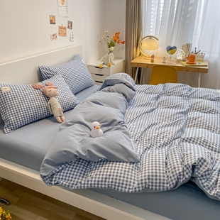 日式水洗棉四件套1.5m床上用品格子，被单人大学生宿舍三件套床单款