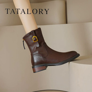 tatalory女靴粗跟复古短筒骑士靴2023冬英伦风真皮大码短靴