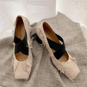 羊皮版~新中式方头交叉绑带芭蕾，鞋女粗跟玛丽珍鞋浅口中跟单鞋子