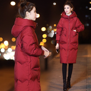 2023女装冬季韩版宽松中长款棉衣，外套女红色，连帽棉袄大衣加厚