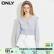 ONLY奥莱夏季法式花边娃娃领短款修身格纹雪纺衫女