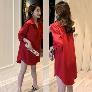 衬衫女士中长款大码女装长袖，性感外穿红色，洋气打底衫冬雪纺衬衣裙