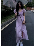 2022夏季时髦紫色仙女雪纺连衣裙性感小众设计荷叶边短袖鱼尾裙女