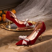 婚鞋新娘鞋冬季女2023年秀禾婚纱两穿绑带红色敬酒礼服高跟鞋