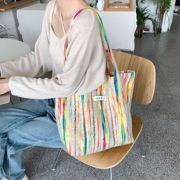 ins韩版彩虹条纹单肩包女士帆布包，小挎包大容量，购物袋休闲托特包