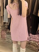 现~韩国东大门HUE女24春季甜美气质系带麻花纹短袖针织连衣裙