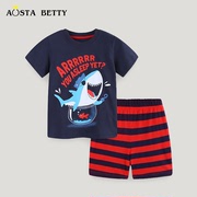 夏季男童套装卡通鲨鱼印花圆领，短袖两件套欧美风格中小童短裤套装