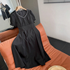 日韩潮流珍珠圆领短袖黑色连衣裙夏季清凉中长裙时尚休闲洋气G$17