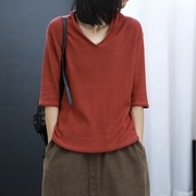 2023秋季韩版女装宽松显瘦中袖v领套头针织衫，五分袖打底毛衣