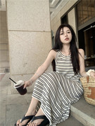 韩版条纹吊带连衣裙女装夏季2024无袖裙子，a字气质高级感长裙