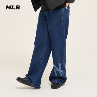 MLB 女款高腰阔腿纯棉牛仔裤大logo休闲时尚长裤23DPB04