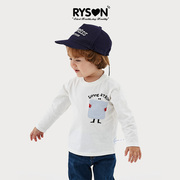 ryson童装秋季儿童上衣男女宝本白色，卡通条纹口袋，圆领纯棉长袖t恤