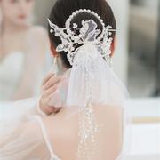 新中式新娘主婚纱头饰蕾丝花珍珠发圈小头纱簪子发饰结婚发饰品