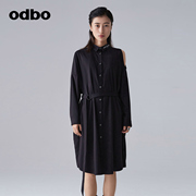 odbo/欧迪比欧原创设计黑色露肩衬衫连衣裙女秋装2023气质裙