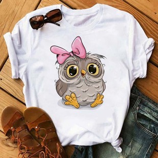 cute owl Tee夏季可爱猫头鹰宽松白色打底衫学生女装大码T恤夏季