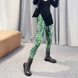 欧美打底裤女外穿时尚个性印花高弹力(高弹力，)高腰加厚绿色瑜伽裤欧货长裤