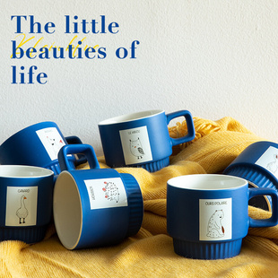 赫本家法式高级感拉花咖啡杯陶瓷克莱因蓝早餐杯茶杯可爱动物图案