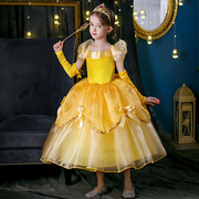 欧美外贸童装美女与野兽cosplay贝尔公主裙一字肩黄色礼服吊带裙