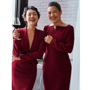 brandbymei连衣裙女红色长袖，法式气质名媛包臀裙一字，v领性感