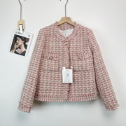 吉祥鸟小香外套女2303设计感粉色短上衣，2023秋季法式小众长袖