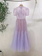 越南法式宫廷风刺绣蕾丝紫色连衣裙女设计感重工钉珠网纱裙子