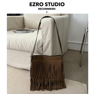 EZRO流苏磨砂真皮麂皮托特包时髦个性牛皮包斜挎托特女包