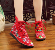 老北京布鞋女妈妈民族风，绣花鞋系带高帮古风，单靴休闲舒适平底短靴