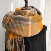 奢华体验纯羊毛围巾女冬季英伦风格子黄色与卡其长款加厚披肩两用