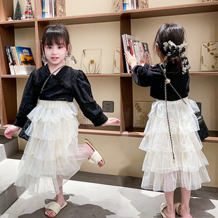女童半身裙2024春夏季儿童韩版纯色蛋糕纱裙，女孩洋气蓬蓬长裙