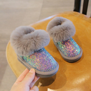 冬季儿童棉鞋防滑1-3岁兔毛亮片女宝宝，加绒加厚女童雪地靴公主鞋