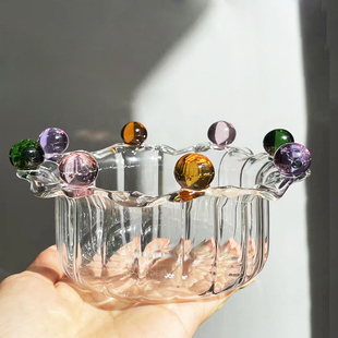 创意仙女碗高硼硅玻璃，碗彩色水果盘甜品碗沙拉，碗珠点碗ins风