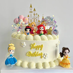 迪士尼迷你公主蛋糕装饰摆件卡通，q版白雪贝尔灰姑娘女孩生日插件