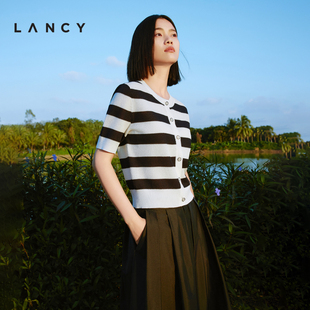 lancy朗姿2024夏季蓝白粗条纹，短袖针织开衫，撞色修身短款薄上衣女