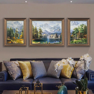 美式客厅装饰画沙发背景墙复古三联画风景，油画欧式挂画聚宝盆壁画