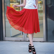 夏季雪纺半身裙女大码红色，短裙女高腰大摆纯色，广场舞过膝伞裙