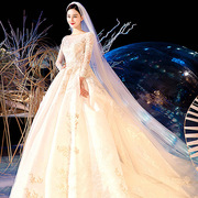 冬季新娘女公主结婚长袖一字肩韩版绑带，齐地长拖尾婚纱礼服