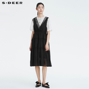 sdeer圣迪奥裙子女小众设计感夏季蕾丝收腰两件套连衣裙s222z1295