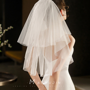 短款双层新娘头纱造型拍照领证头饰超仙简约硬网素纱白色头纱求婚