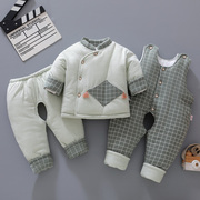 新生婴儿棉衣套装加厚冬季男宝宝衣服，0-1岁女棉袄背带三件套