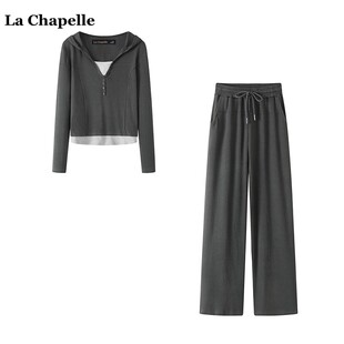 拉夏贝尔/La Chapelle2024春季假俩件卫衣阔腿长裤休闲运动套装女