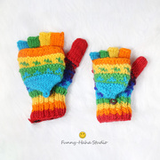 尼泊尔彩虹色五指翻盖手套，羊毛加绒保暖分，指手套滑雪护耳帽冬男女