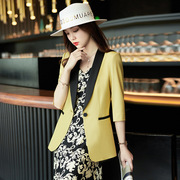 黄色西装外套女高级设计感小众七分袖，时尚气质修身薄款西服连衣裙