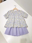 很好看女童夏季套装裙，紫色甜美小碎花娃娃衫花苞裙裤两件套全棉