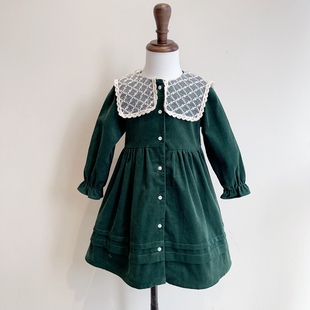 100-150韩系女童墨绿色蕾丝，大翻领领条绒长袖连衣裙