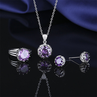 甜美小清新925银紫水晶戒指耳环项链女生，送闺蜜生日礼物饰品套装