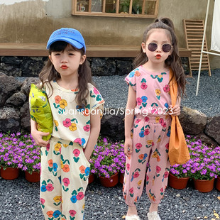韩系童装女童背心九分裤两件套夏季儿童宽松花朵宝宝姐妹装潮