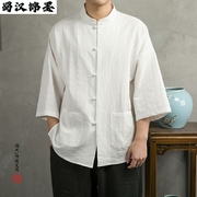 春夏中国风男装亚麻七分袖，衬衫复古中式盘扣，唐装大码宽松棉麻衣服